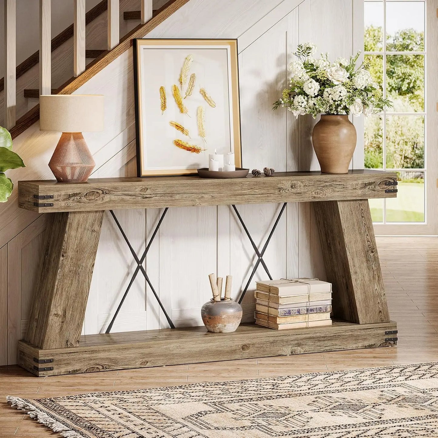 70.9" Farmhouse Console Table, Long Sofa Table Behind Couch with Storage, Narrow Wooden Console Station, Industrial, Customized