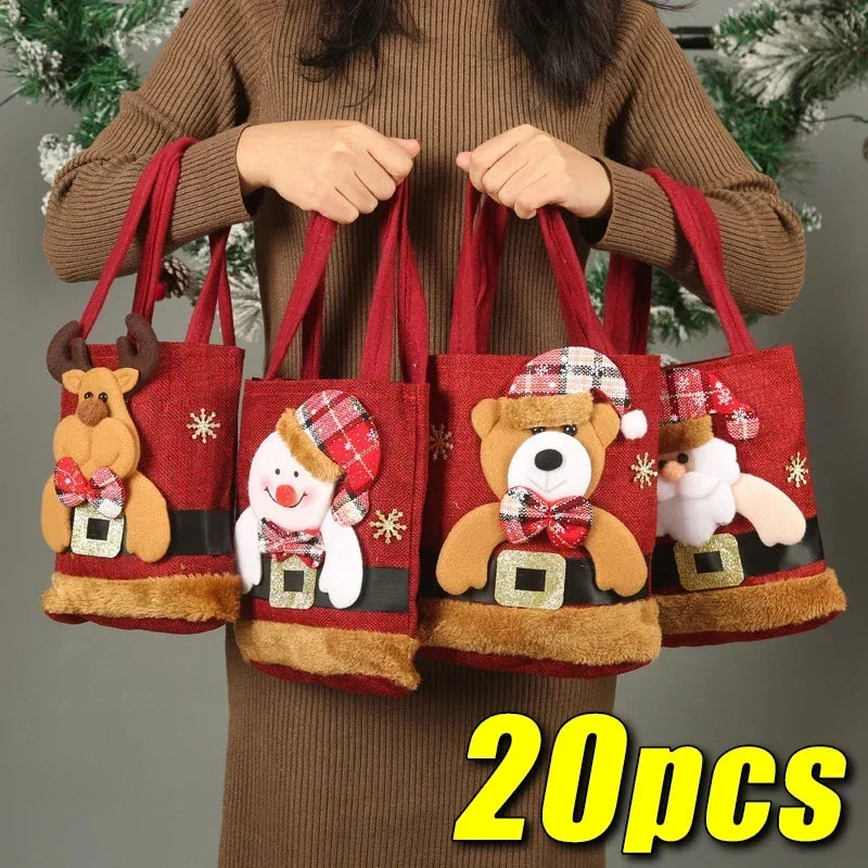 20pcs Christmas Gift Bag Linen Cloth New Year Children's Candy Handbag Christmas Eve Apple Storage Bag Xmas Santa Claus
