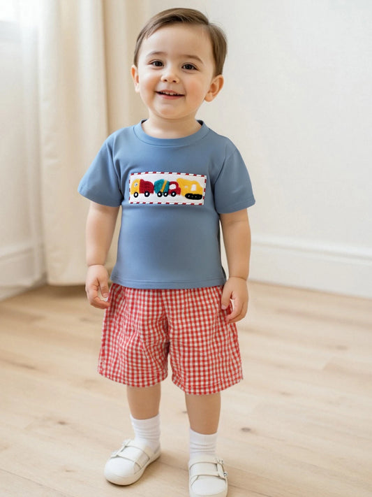 Adorable Toddler Boy s Summer Outfit Dinosaur Print Short Sleeve T-Shirt with Denim Shorts Set for Playtime Fun