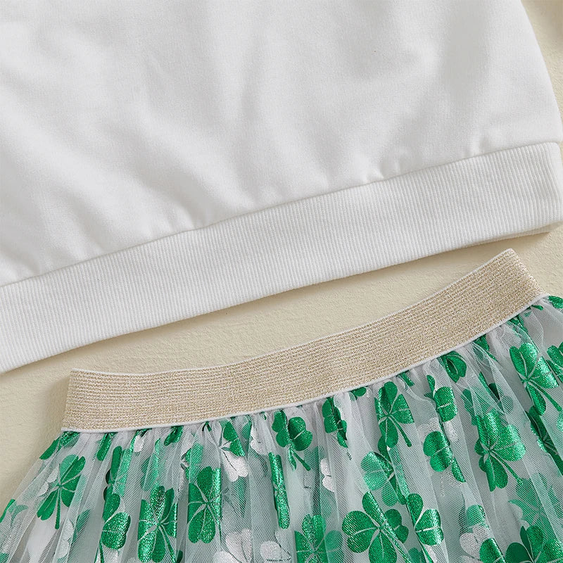 Girls 2-Piece Set Long Sleeve Shamrock Print Sweatshirt and Puffy Gauze Skirt - St Patrick s Day Outfit for Little Princesses