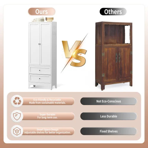 72 Inch White Steel Pantry Cabinet With 2 Drawers And Adjustable Shelves