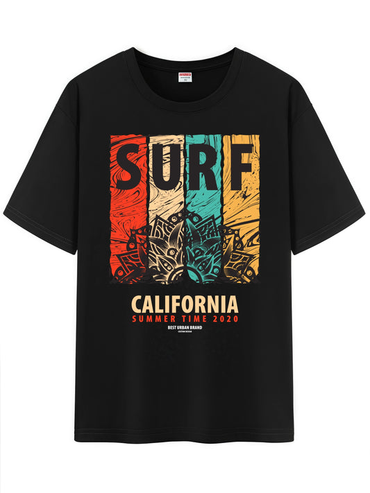 "Streetwear Short Sleeve Cotton Trendy T-Shirt - Bold Surf Graphic Tee w/ California Retro Summer Vibes & Urban Fashion Design