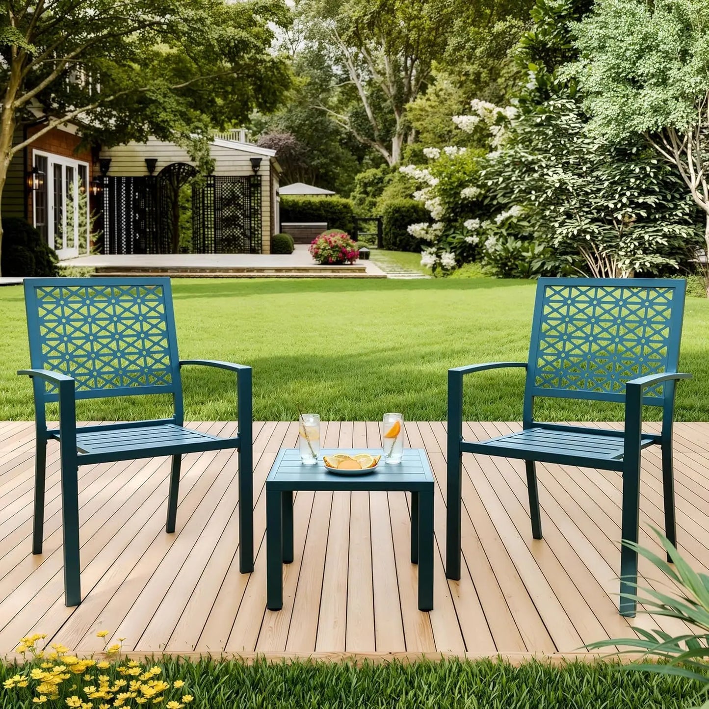3-Piece Outdoor Bistro Set,Stackable Modern Metal Patio Furniture Set, 2 Chairs&Coffee Table,for Backyard Balcony Garden Lawn