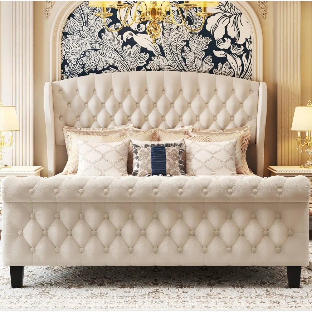 hisoft queen bed frame, 42" tall velvet upholstered sleigh bed with wingback headboard & scrolled footboard, no box spring neede