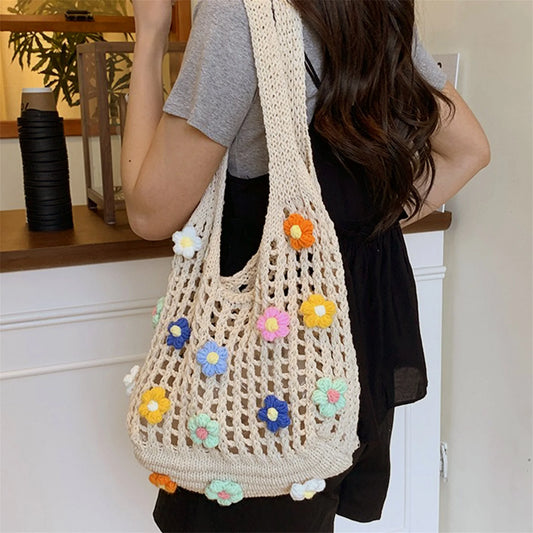 Elegant Floral Embroidered Beach Tote Bag with Tassel Detail Stylish Crochet Shoulder Bag for Summer Vacation Large Capacity