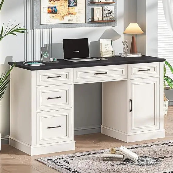 Farmhouse 59'' Executive Desk with Charging Station,Office Desks Computer Desk with 5 Drawers, Wood Workstation for Home Office