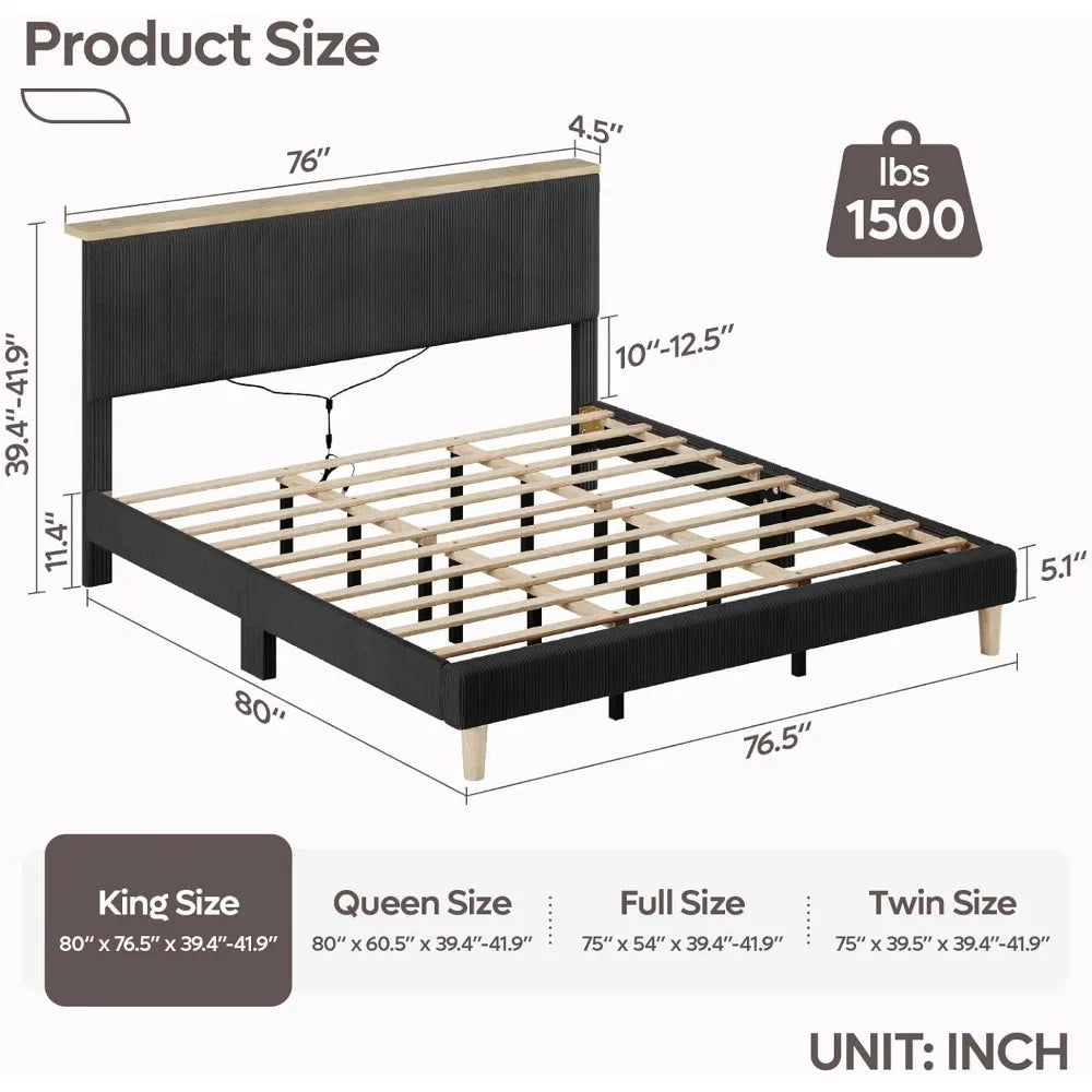 King Bed Frame with Adjustable Headboard & LED Lighting, Corduroy Upholstered Platform Bed Frame with Storage Shelf