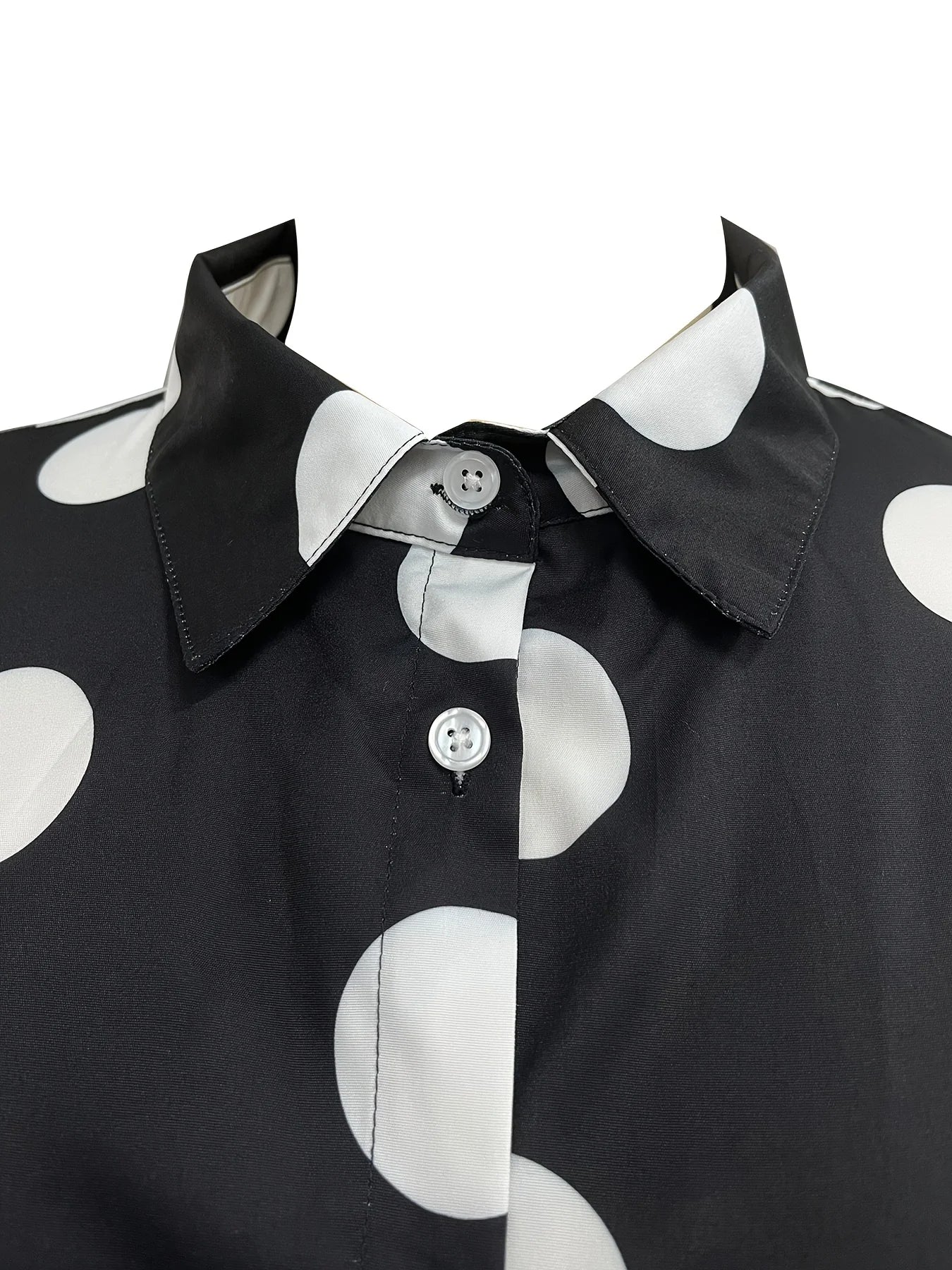 European and American plus size women's large polka dot lapel shirt dress; black polka dot single-breasted loose long sleeve side slit midi shirt dress
