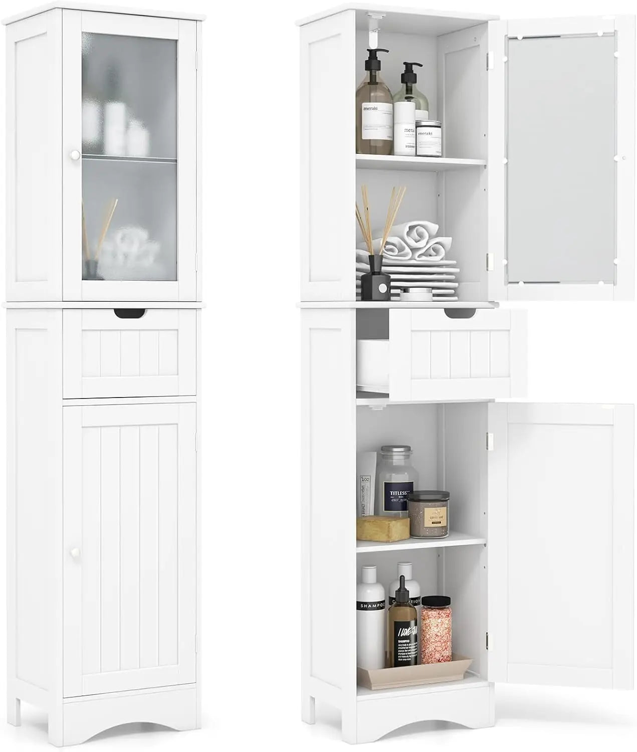 all Bathroom Storage Cabinet, Slim Freestanding Tower w/ 2 Doors & 1 Drawer, Narrow Floor Cabinet w/Adjustable