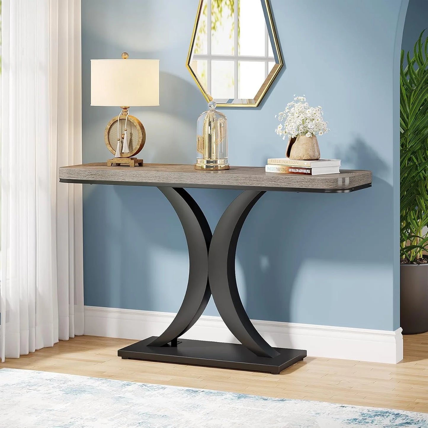LITTLE TREE Industrial Console Table, 40 inch Narrow Entryway Foyer Table with Geometric Base, Accent Table for Living Room