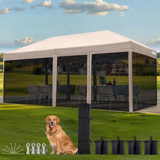 10'x20' Pop up Canopy Tent with Netting, Instant Screened House Tent Outdoor Party Event Gazebo Shelter- Waterproof & 6 Sand Ba