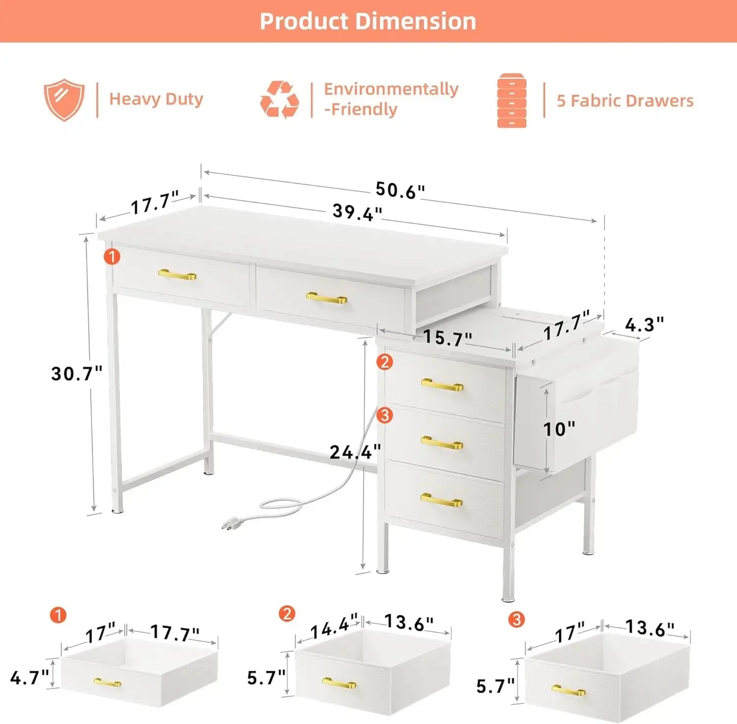 Computer Desk with Charging Station, Home Office Desks with Fabric Drawer File Cabinet Printer Stand, Vanity Desk, White