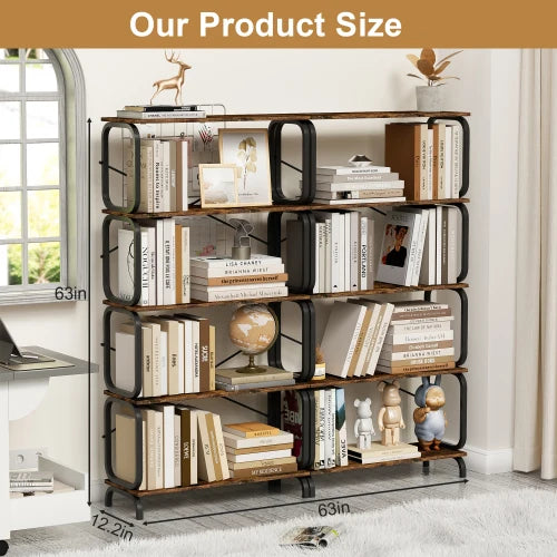 5-Tier Industrial Bookshelf - Rustic Brown, Open Wood & Metal Design, Vintage Storage Organizer