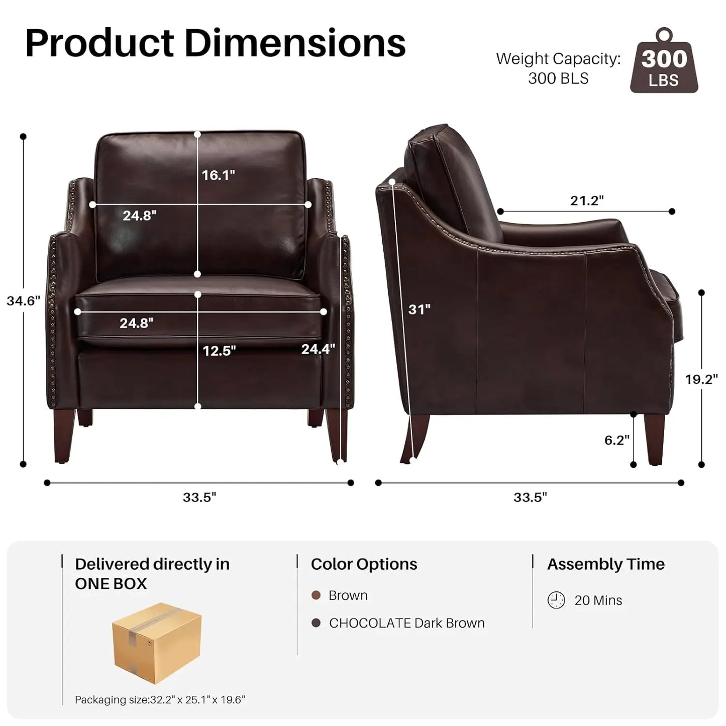 33.5" Faux Leather Armchair Set of 2 Nailhead Trim Solid Wood Legs Comfy Cushions Livingroom Bedroom, Customized