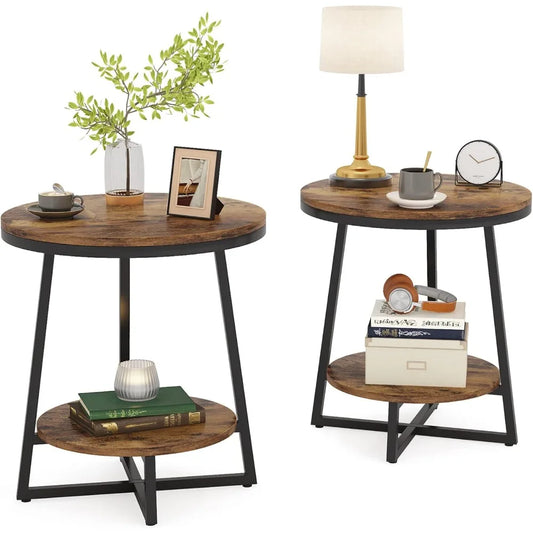 Round End Table Set of 2, 2 Tier Side Table with Storage Shelf