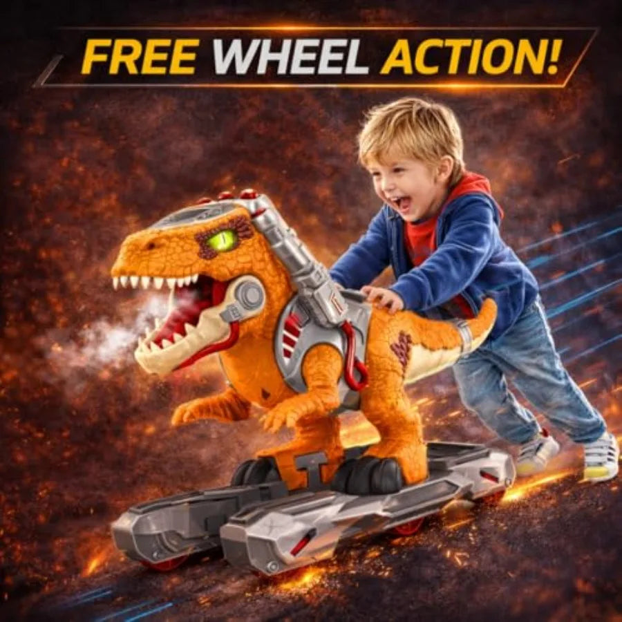 Dinosaur Ride On Push Car for Toddlers: Plastic, Red, Battery Operated with Music, Light Smoke Effects