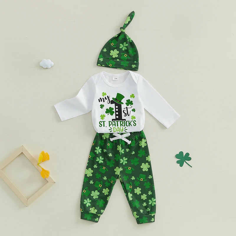 St Patrick's Day Baby Boys Shamrock Print Long Sleeve Rompers Long Pants Hat 3Pcs Outfit Set