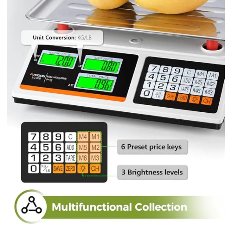 Commercial food kitchen scale for produce, farmers, markets, meat: 88lb/40kg price computing scale with dual-sided display, pre