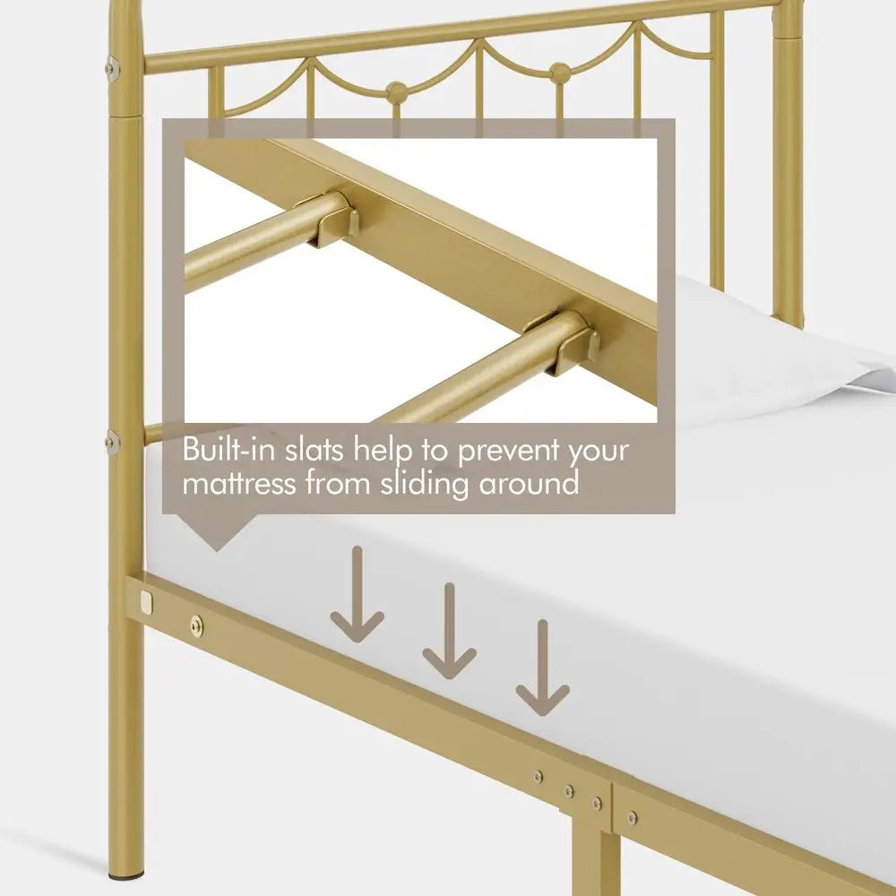 Twin Metal Bed Frame Vintage Spindle Headboard Antique Gold 450 Lb Capacity