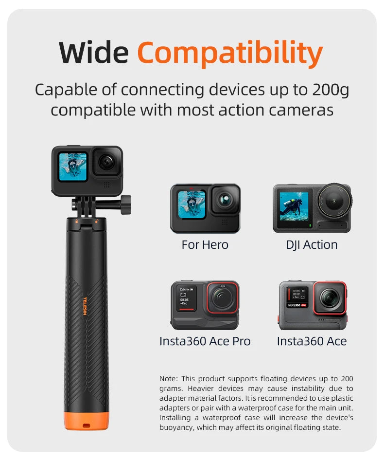 TELESIN 4 in 1 Selfie Stick Floating Hand Grip Tripod Waterproof Extendable Selfie Monopod for GoPro DJI OSMO Action Insta360