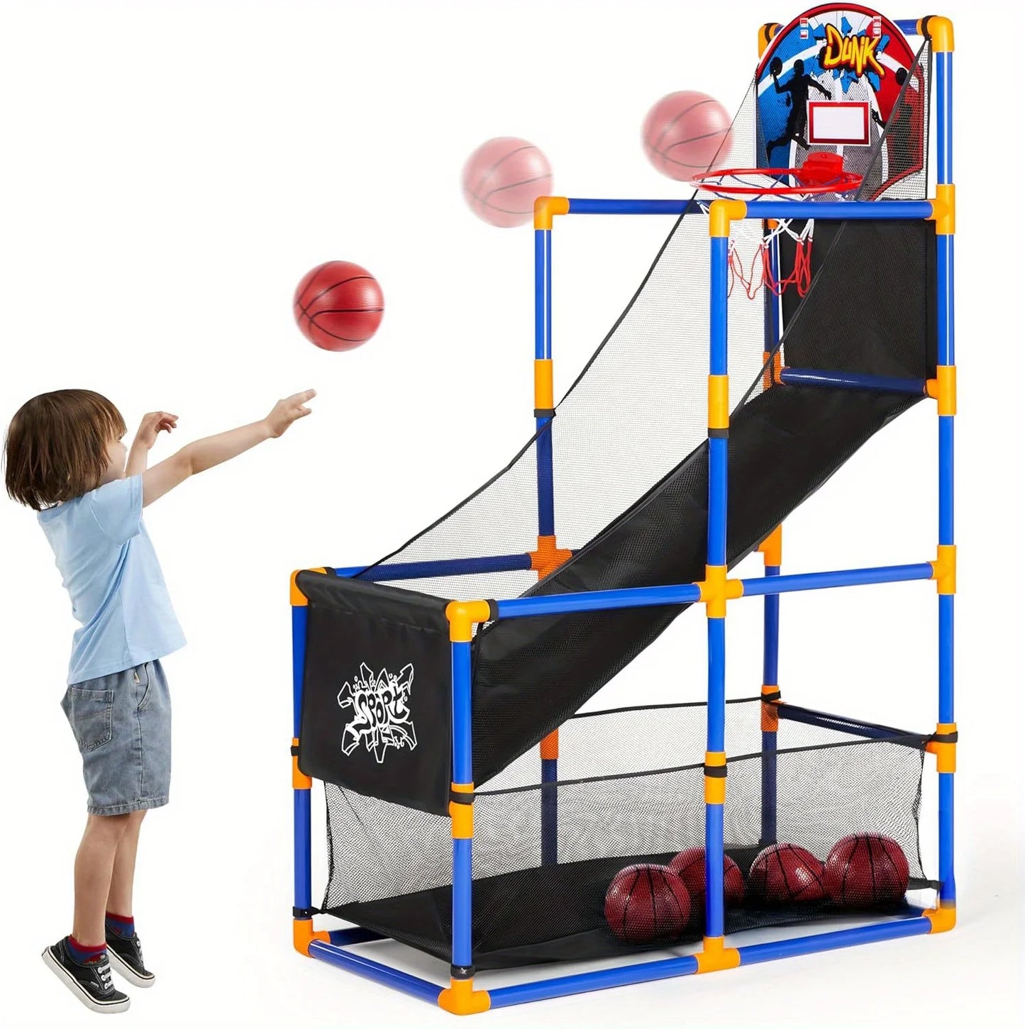 Arcade Basketball Game Set with 4 Balls and Hoop for Kids 3 to 12 Years Old Indoor Outdoor Sport Play Easy Set Up