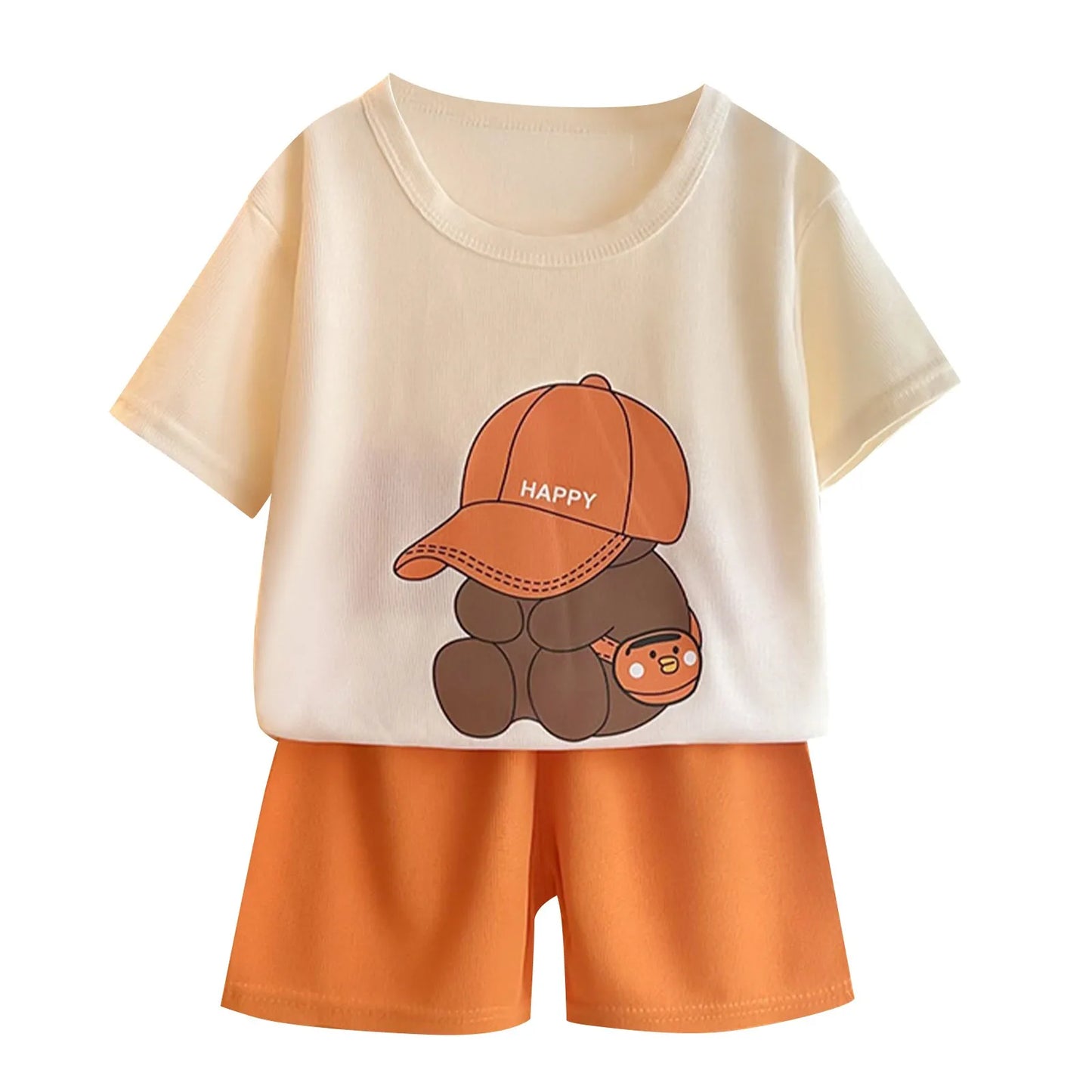 Children Boys 2pcs Tracksuits Cotton Bear Printed Short Sleeves+Shorts Kids Boys Outfits Loose Round Collar Little Boys Tee Suit