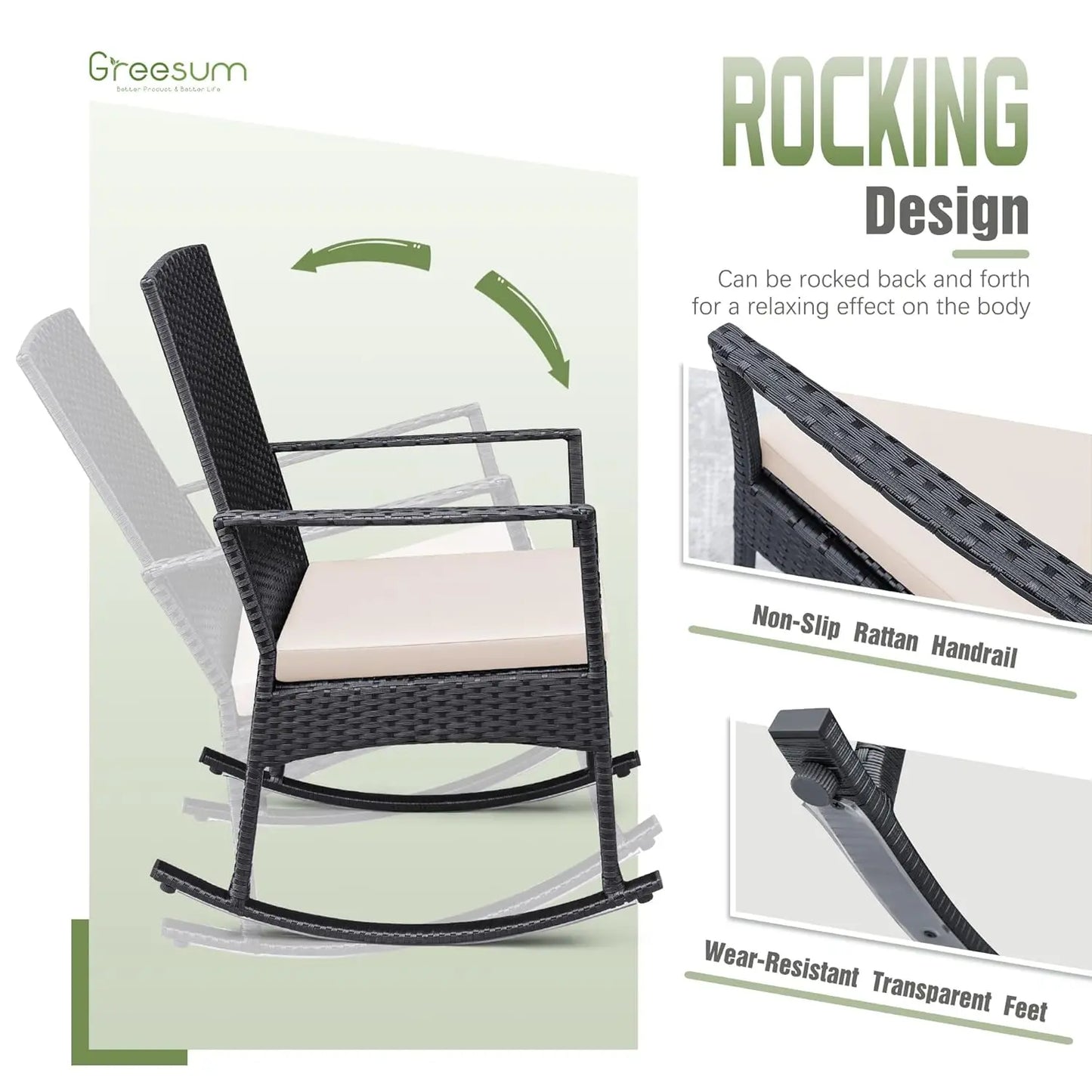 3pc Rattan Rocking Chair Patio Set w Glass Table for Garden Backyard Porch Poolside, Customized