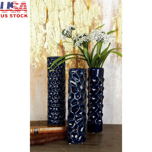 Set of 3 Dark Blue Ceramic Vases Tall Round Cylinder Design Geometric Pattern Stoneware Home Decor Accent Pieces Indoor Use