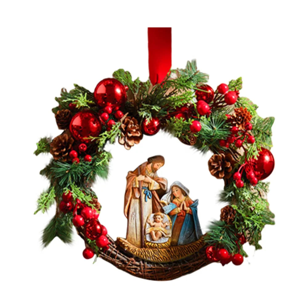 40cm Sacred Christmas Wreath with Lights Artificial Hanging Ornaments Front Door Wall Decorations Merry Christmas Tree Wreath