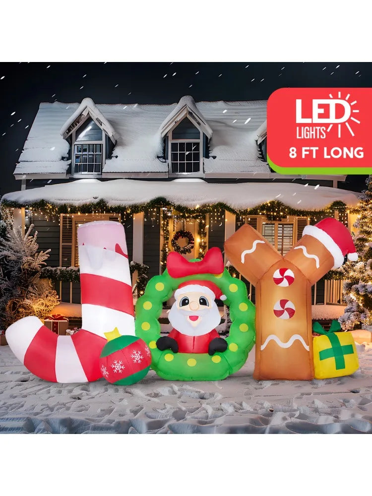 8 FT Long Christmas Inflatable Decoration Blow Up Joy with Santa with Build-in LEDs for Xmas Party Decor Christmas Gift