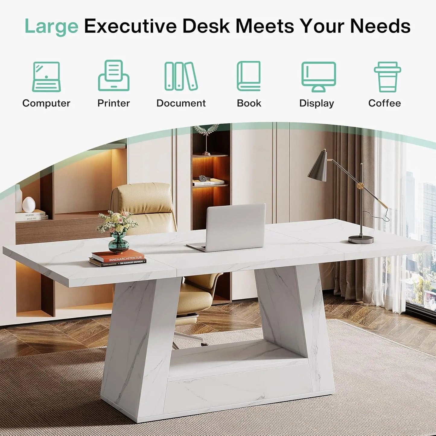 Modern Computer Desk, 63-Inch Large Office Desk , Simple Style Executive Desk, Faux Marble Writing Desk for Home Office