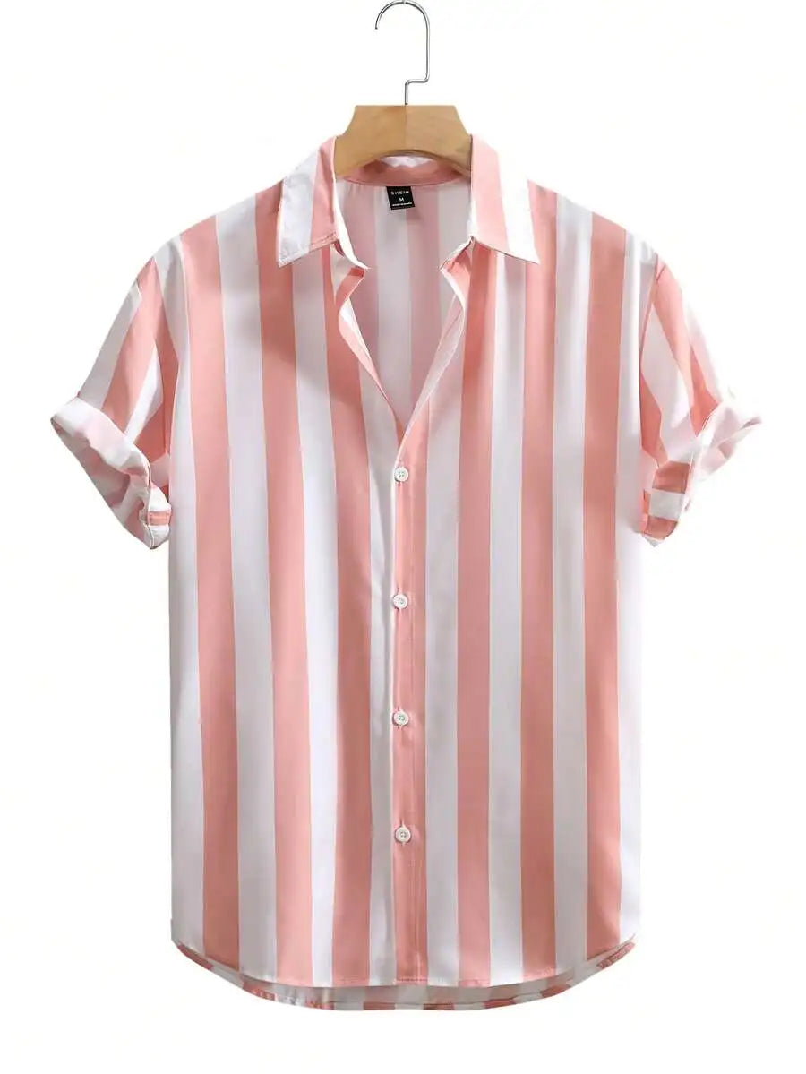 Men Vertical Striped Button Up Short Sleeve Shirt Casual