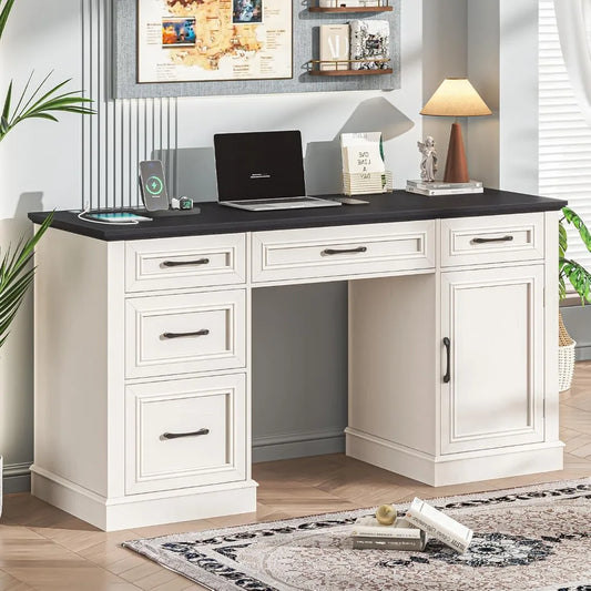 Farmhouse 59'' Executive Desk with Charging Station,Office Desks Computer Desk with 5 Drawers, Wood Workstation for Home Office