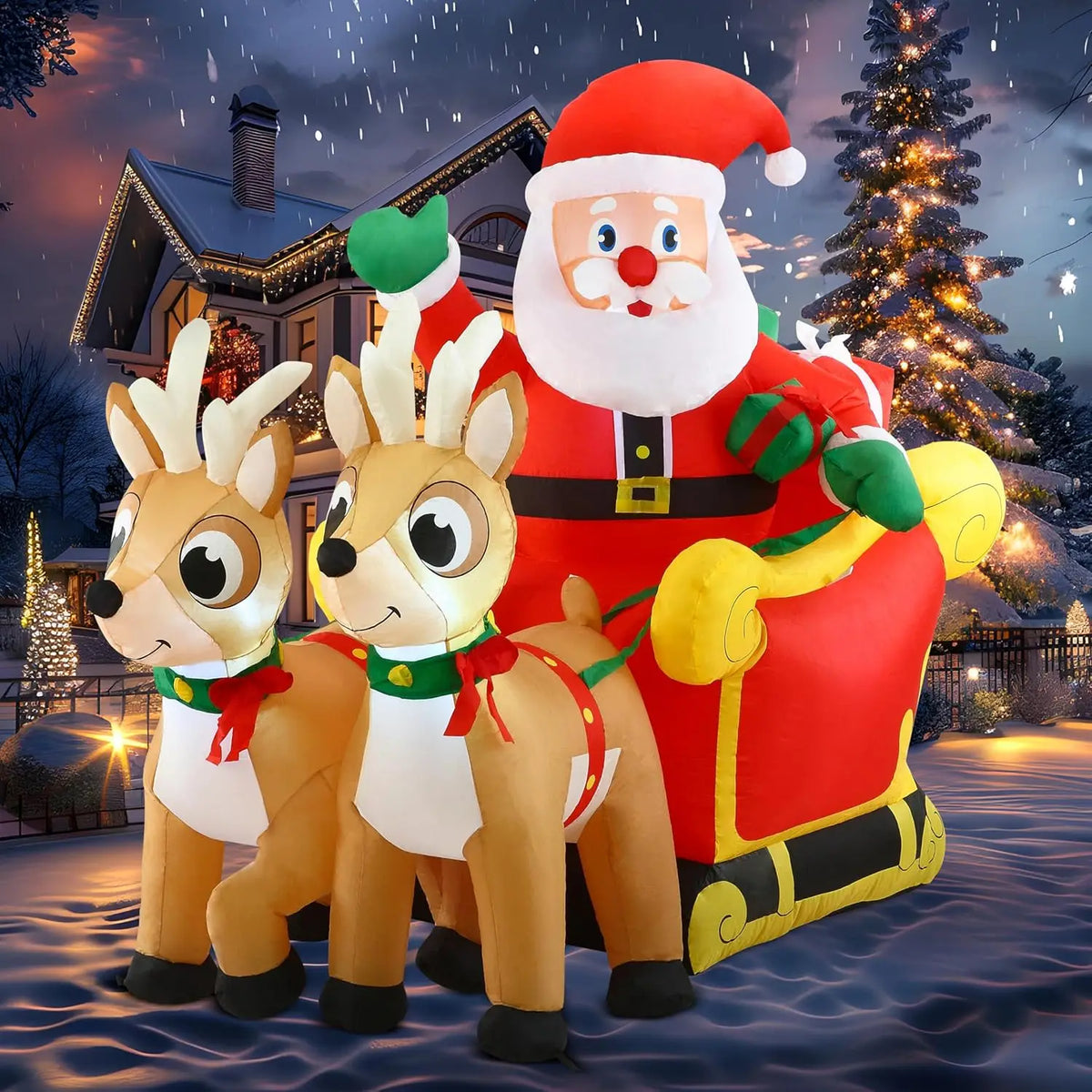 6 Foot Christmas Inflatable Santa Sleigh With Two Reindeer LED Lawn Decoration