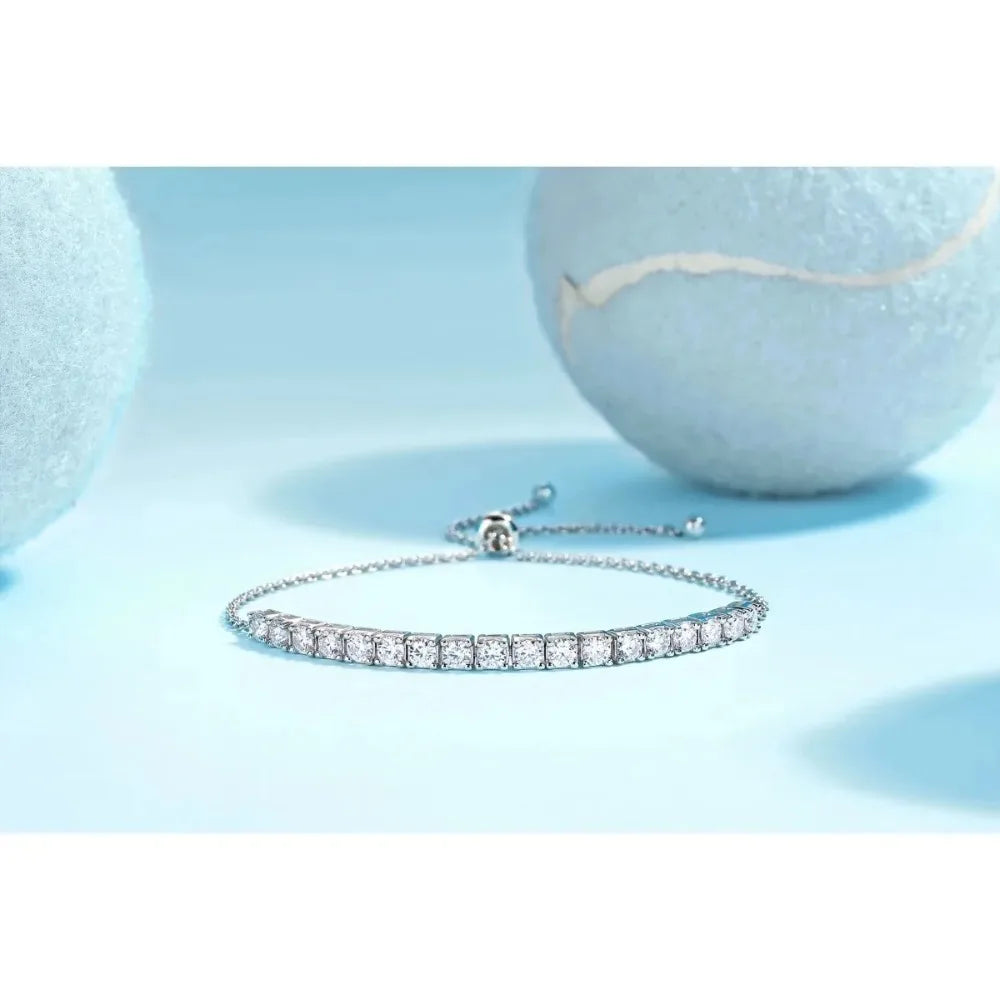 S925 Silver Moissanite Tennis Bracelet 3mm 4mm 5mm Round Cut Adjustable Bolo Chain For Women Anniversary Gift Fine Jewelry