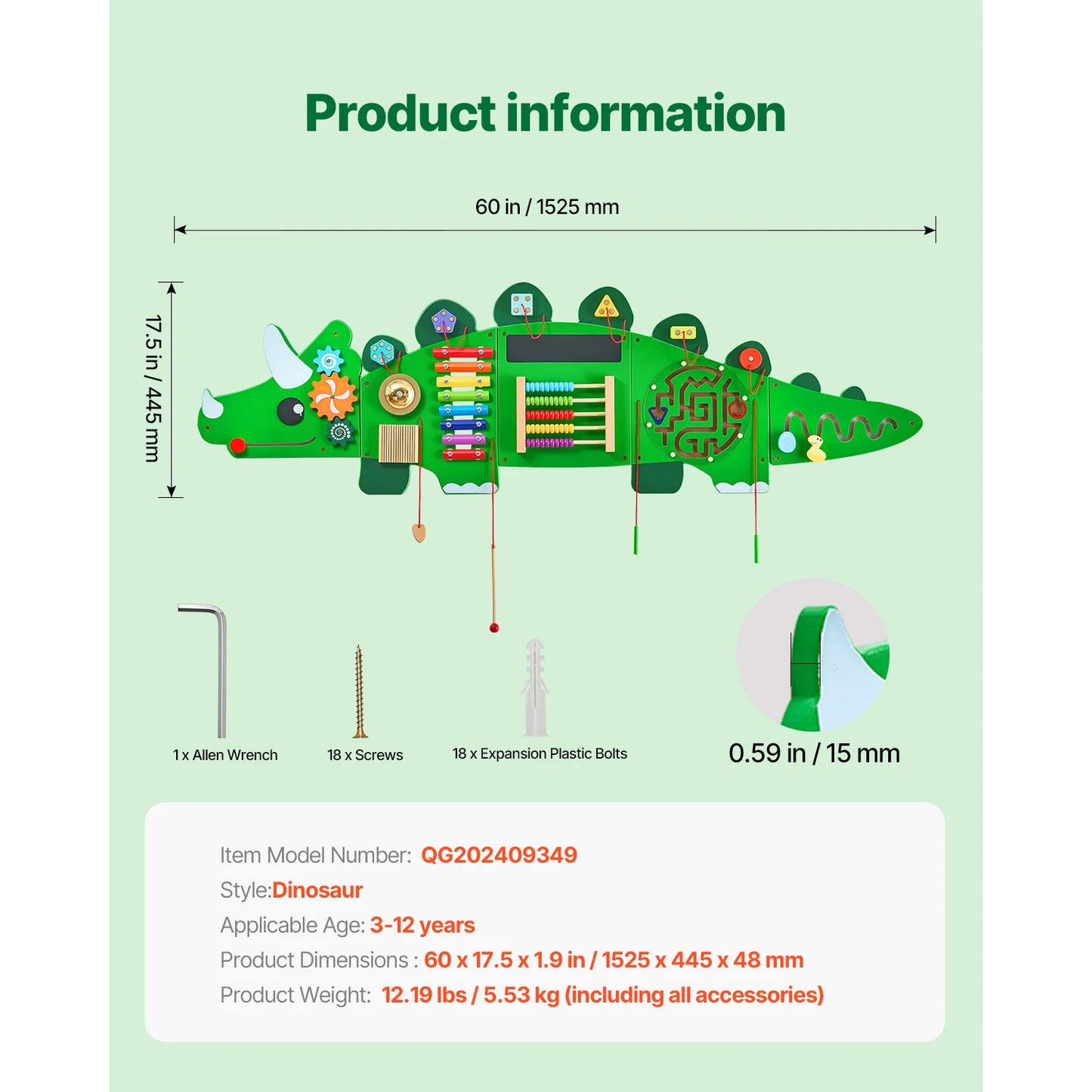 SucceBuy Dinosaur Kids Busy Wall Board 11 Activity Panels Montessori Sensory Learning Toys for Toddler Playroom Toy Gift