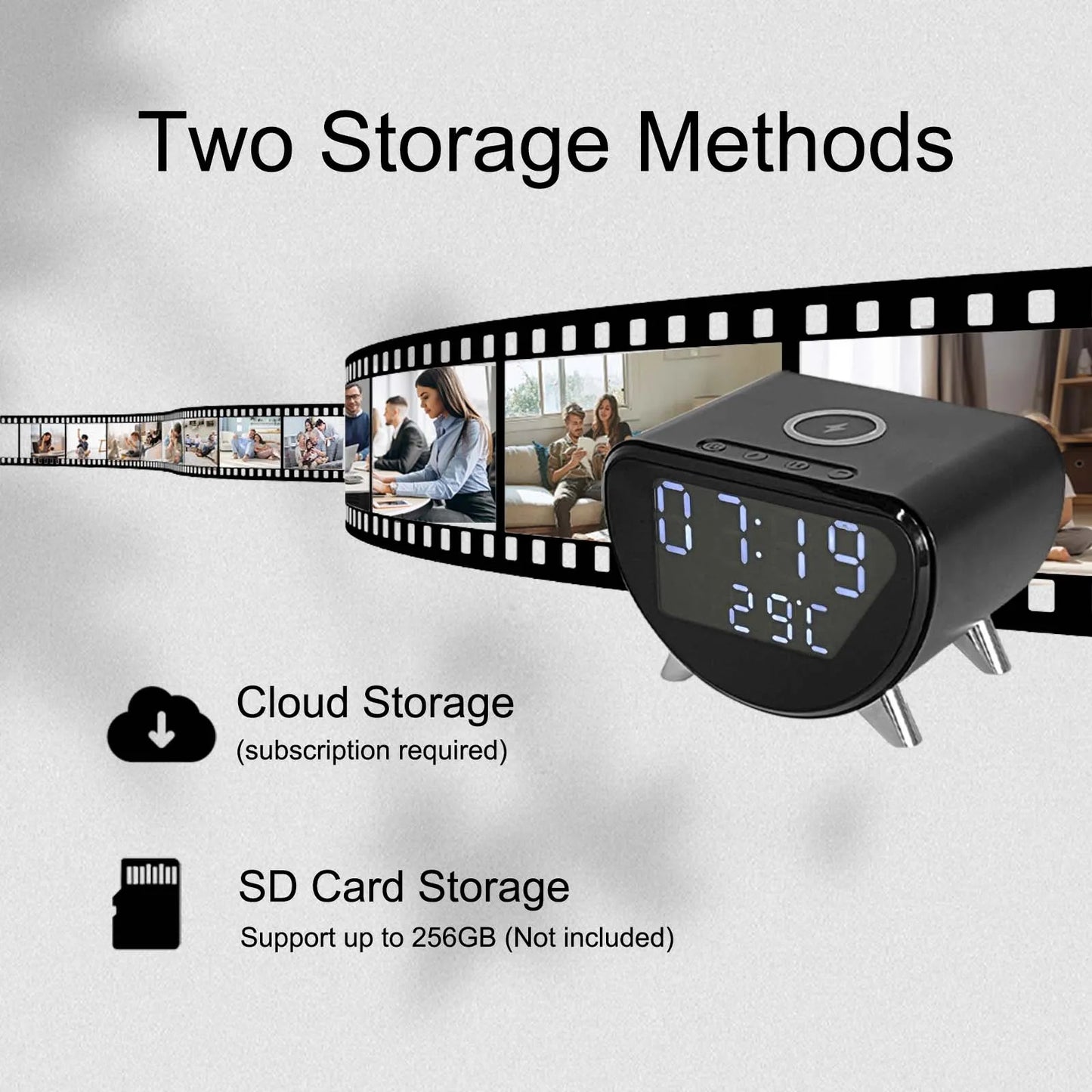 4K WiFi Clock Camera with Wireless Charging, Motion Detection, Loop Recording, Remote Viewing & App Control for Home Security