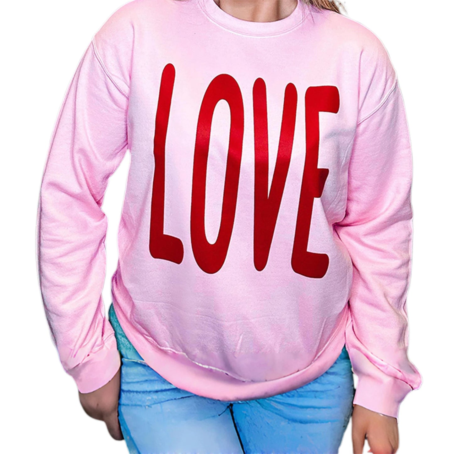 Valentine s Day Women s Casual Loose Fit Sweatshirt with Long Sleeves and Round Neckline Featuring Letter Print Design