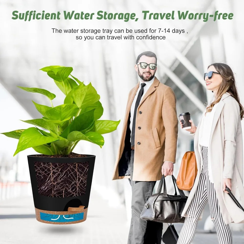 Indoor Self Watering Planters with Drainage Holes and Saucers 8 7 6.5 6 5.5 5 Inches Black 6 Pots