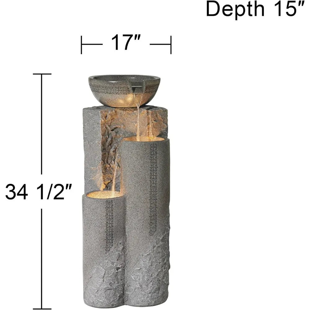Bowl and Pillar Zen Modern Outdoor Floor Water Fountain 34 1/2" High with LED Light Cascading for Garden Patio Backyard Deck Hom