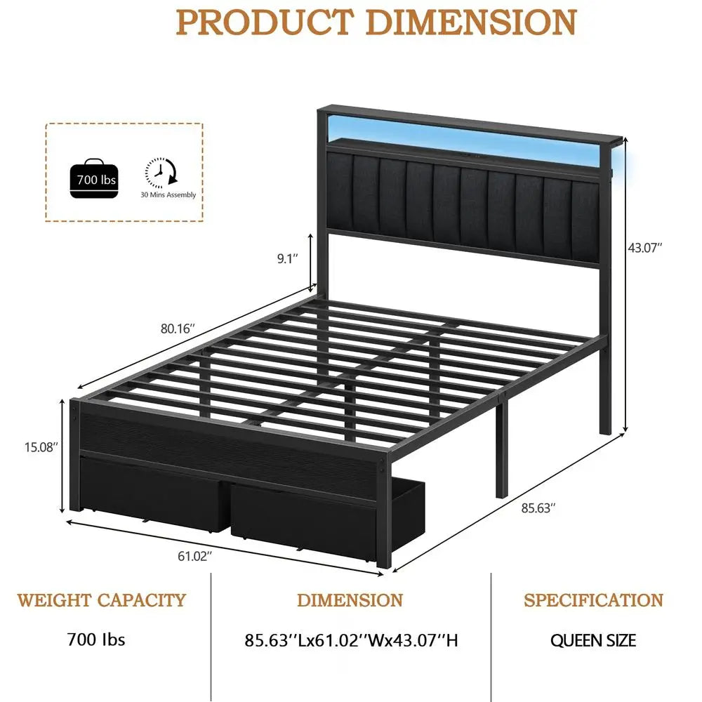 Queen Grey Upholstered Platform Bed With LED Lights Charging Station And Shelves