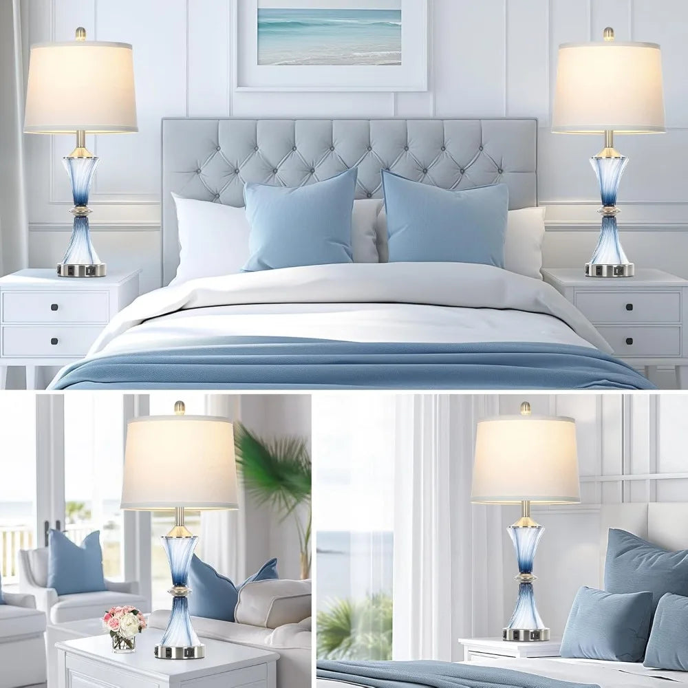 Blue Glass Table Lamp Set of 2 with USB C+A Ports & AC Outlet, Bedside Lamp, Modern Bedroom Lamps, Coastal Lamp for Night Stands