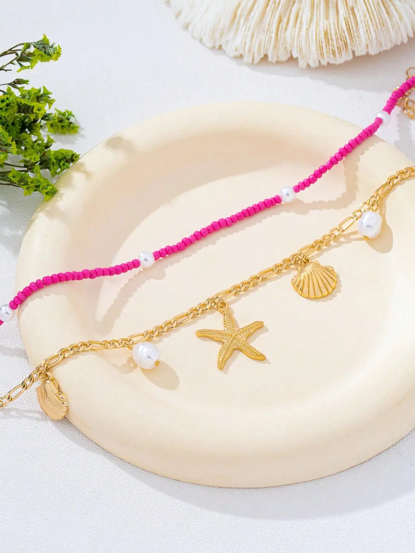 2pcs Bohemian Style Ocean Series Shell & Starfish Beaded Waist Chain For Women