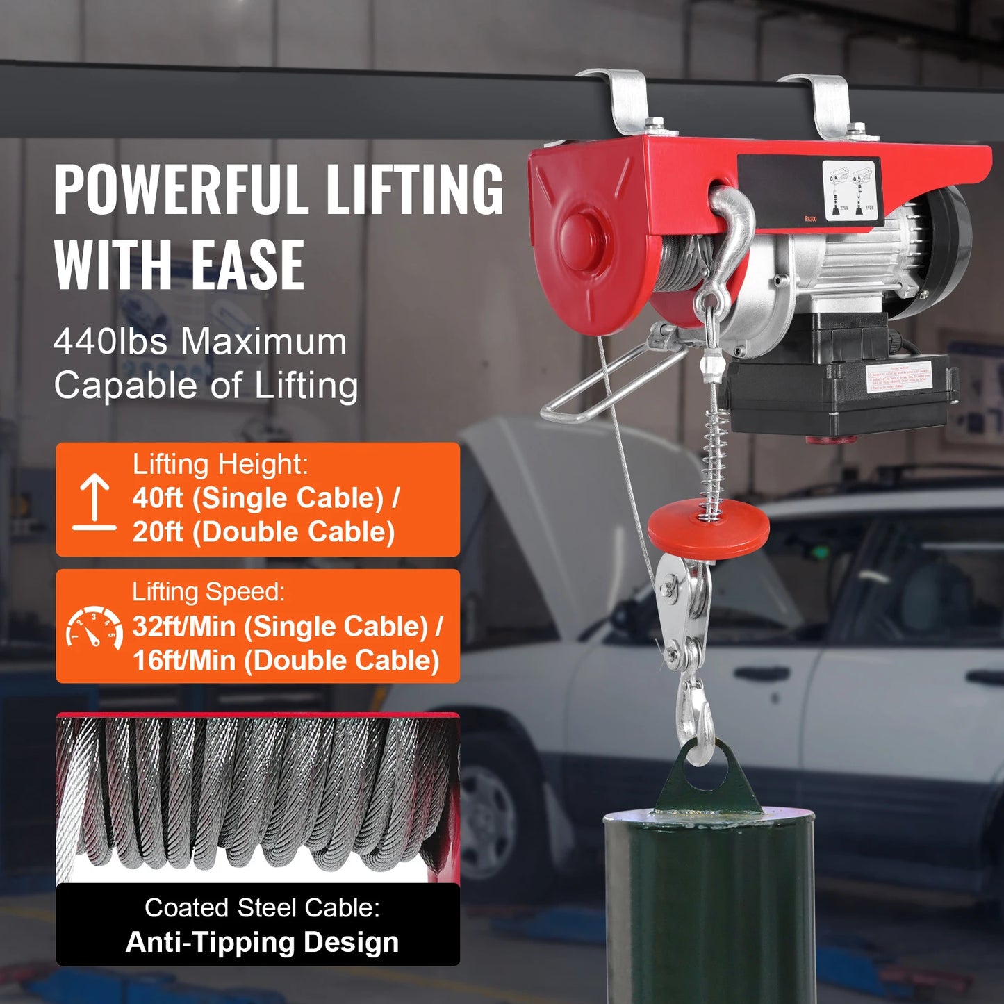 SucceBuy 440lbs Wireless Electric Lifting Hoist with 40ft Single/20ft Double Slings Lifting Height Lift Hoist for Garage