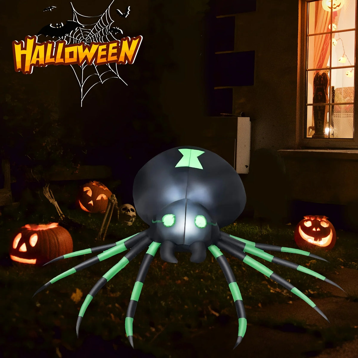 Giant 7.2FT LED Glowing Inflatable Spider Creepy Blow Up Yard Decor with Stakes & Blower, Outdoor Halloween Airblown Spider for Lawn Garden Party Quick Setup & Fast Deflate Design USA Warehouse Fast Shipping