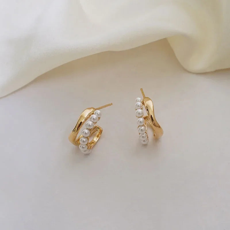 Korean New Light Luxury Stud Earrings For Women Fashion Double Imitation Pearl Sweet Cheap Earring Girl Jewelry For Woman Gifts
