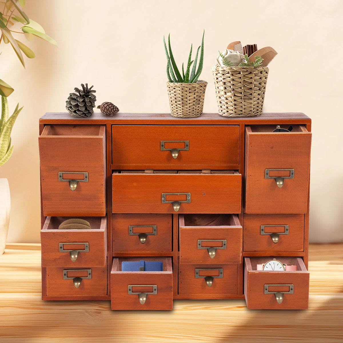 Desktop Drawer Organizer 12 Drawers, Wooden Desk Storage Box with Label Slots, Multipurpose Countertop Small Parts Cabinet, Office Craft Jewelry Art Supplies Home Counter Cosmetics Dock, No Assembly Needed, Brown/Black/Pink/B