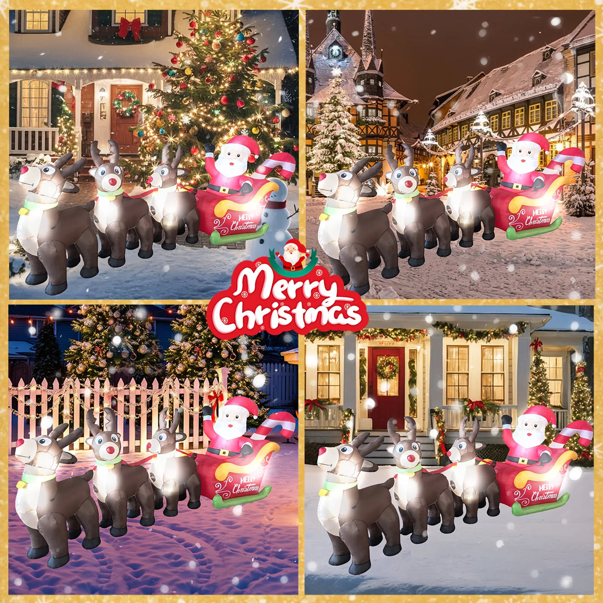 2026 New 9.8FT Christmas Big Inflatable Santa Sleigh with 3 Reindeer LED Blow Up Outdoor Yard Decor for Garden Lawn Holiday Party lovely Santa Claus LED Lighted
