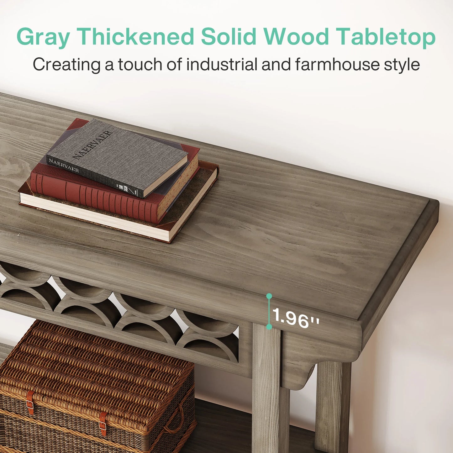 LITTLE TREE 70.8-Inch Solid Wood Long Console Table, Farmhouse Entryway Table with Storage, Narrow Sofa Table Grey Couch Table