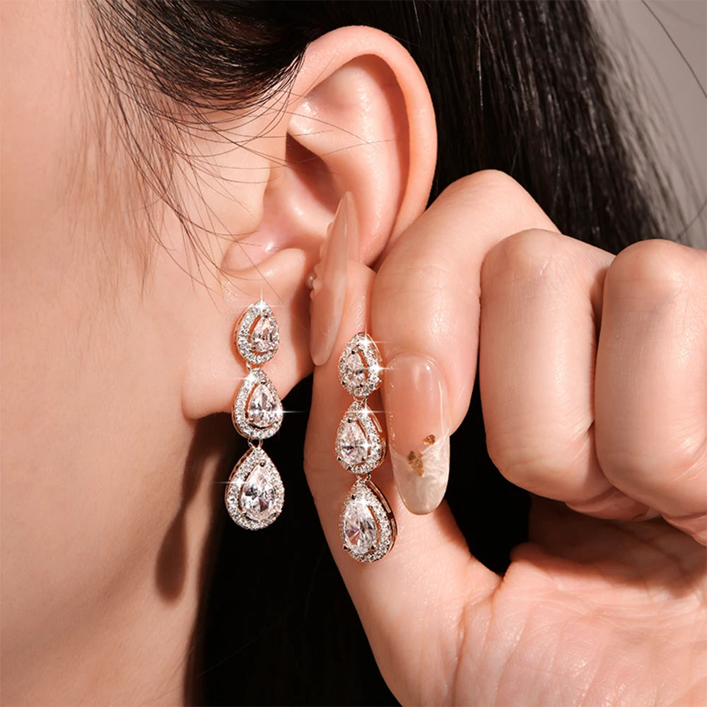 OXTAO 3-Stone Pear Cut 5A CZ Halo Drop Earrings for Women Girl Birthday Party Gift D VVS1 for Women Tassel Moissanite Dangle Earrings 14K Gold Filled